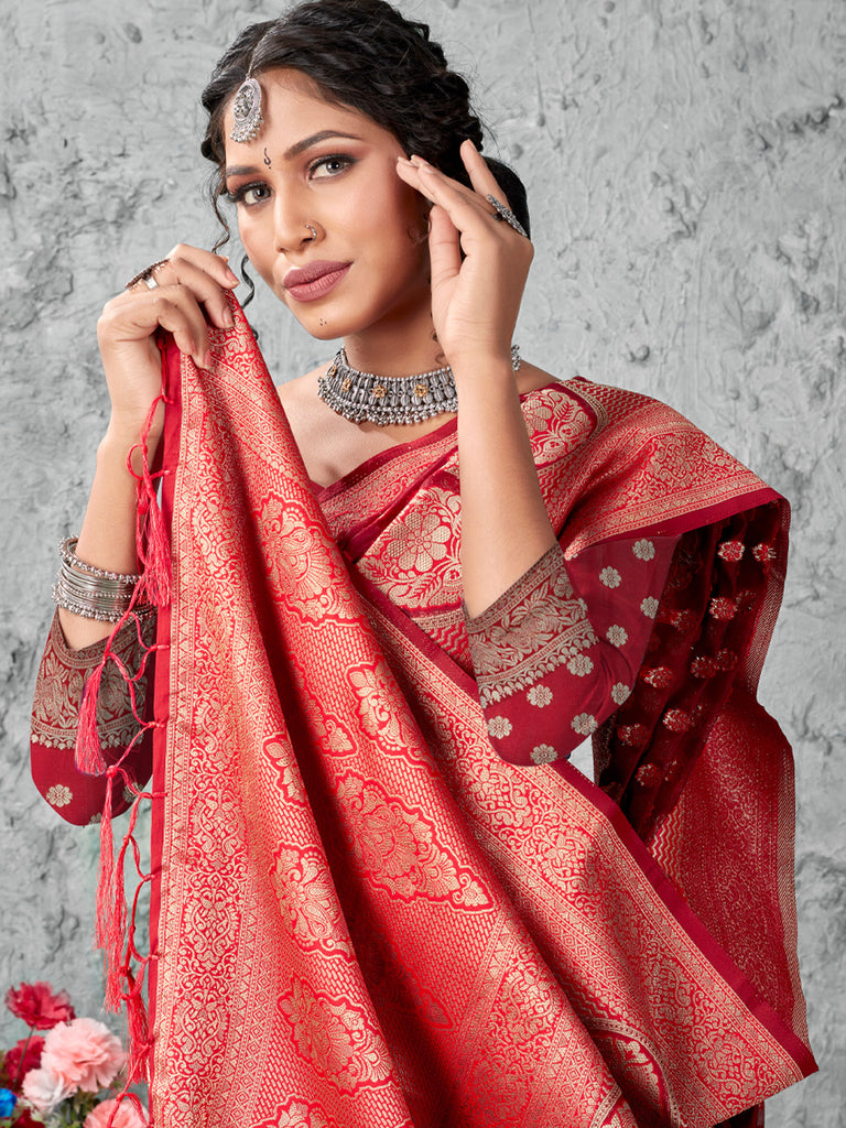 Women's Red Cotton Woven Zari Work Traditional Tassle Saree