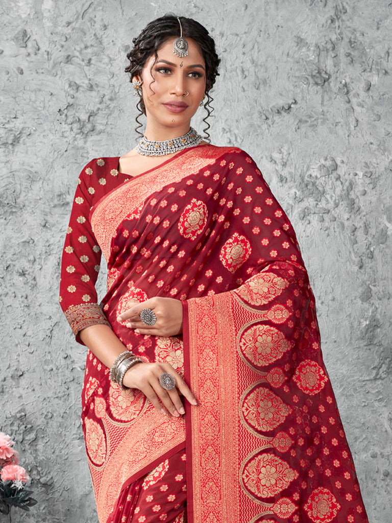 Women's Red Cotton Woven Zari Work Traditional Tassle Saree