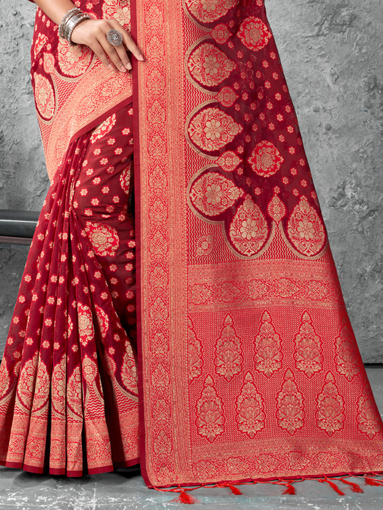 Women's Red Cotton Woven Zari Work Traditional Tassle Saree