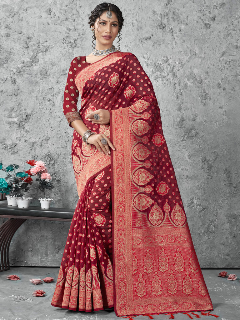 Women's Red Cotton Woven Zari Work Traditional Tassle Saree