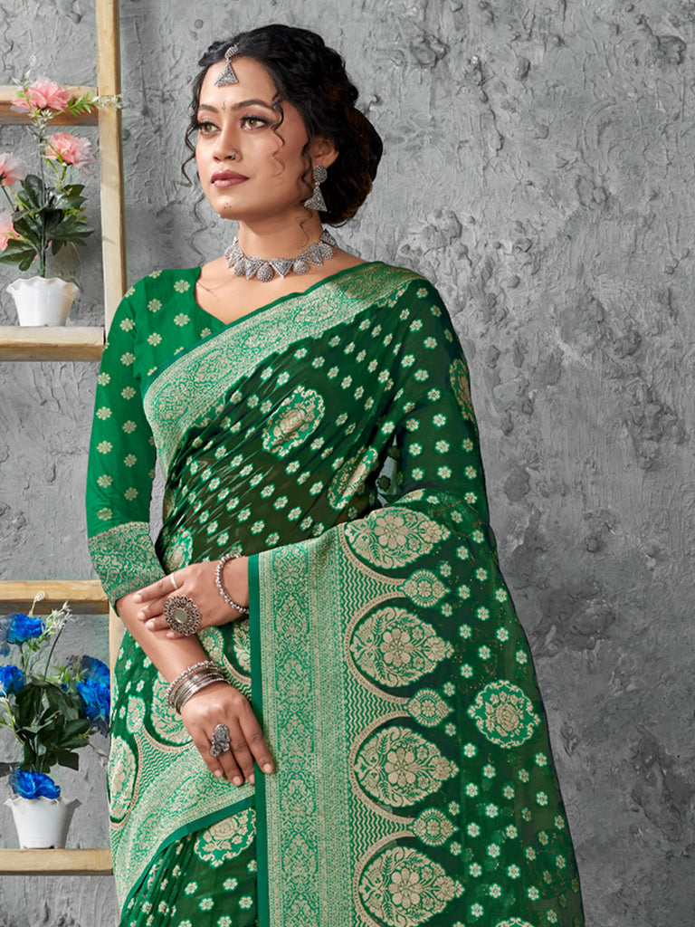 Women's Green Cotton Woven Zari Work Traditional Tassle Saree