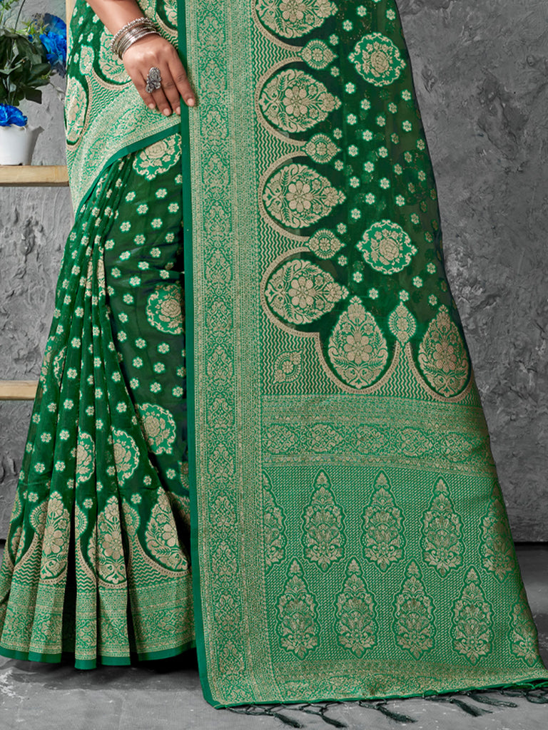 Women's Green Cotton Woven Zari Work Traditional Tassle Saree