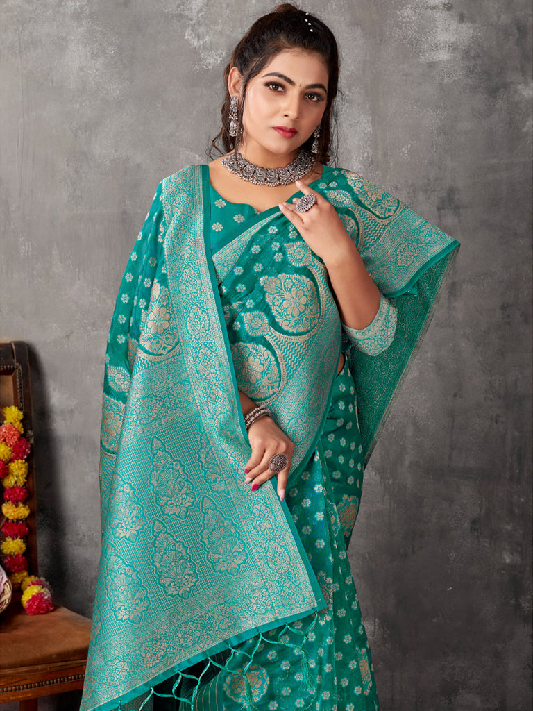 Women's Sea Green Cotton Woven Zari Work Traditional Tassle Saree