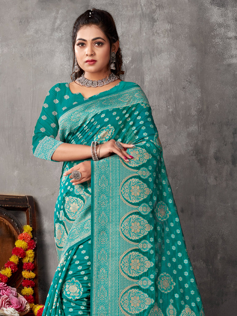 Women's Sea Green Cotton Woven Zari Work Traditional Tassle Saree