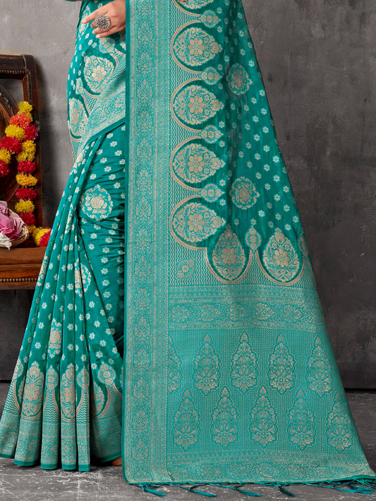 Women's Sea Green Cotton Woven Zari Work Traditional Tassle Saree