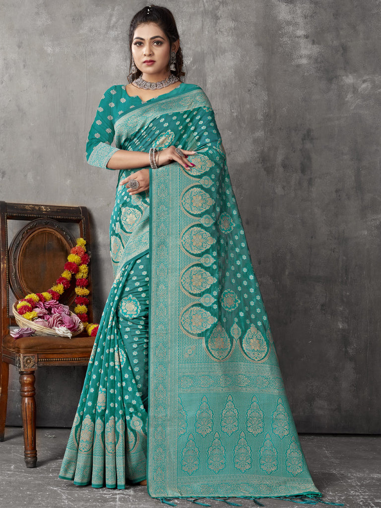 Women's Sea Green Cotton Woven Zari Work Traditional Tassle Saree
