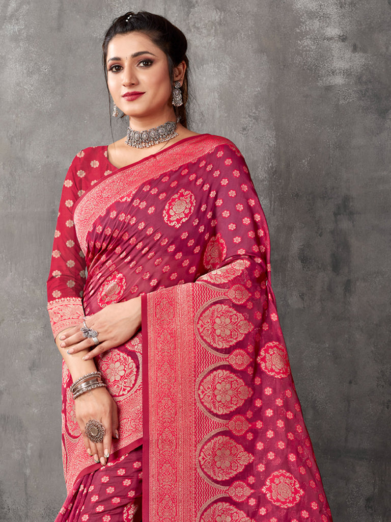 Women's Pink Cotton Woven Zari Work Traditional Tassle Saree