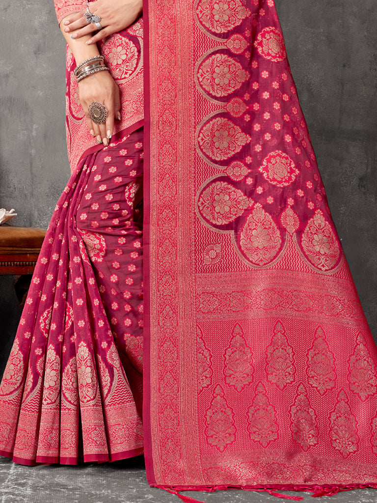 Women's Pink Cotton Woven Zari Work Traditional Tassle Saree