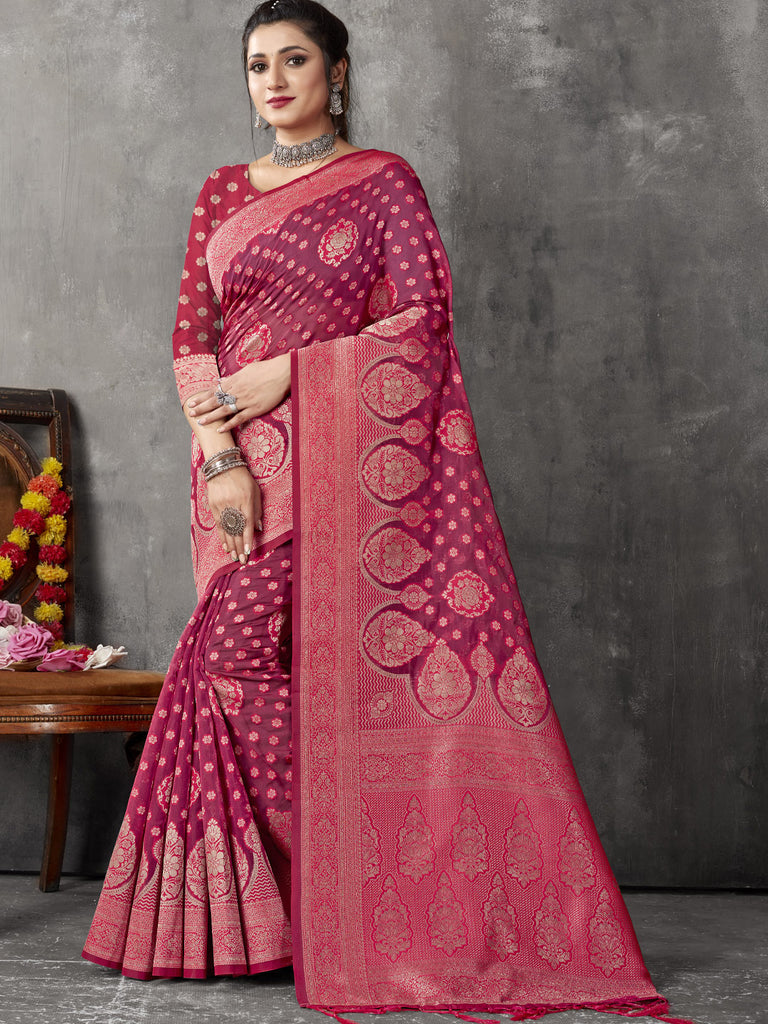 Women's Pink Cotton Woven Zari Work Traditional Tassle Saree