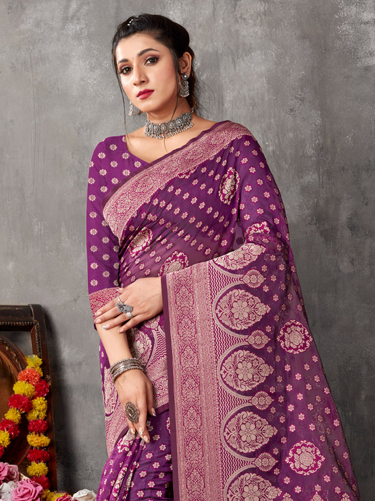 Women's Purple Cotton Woven Zari Work Traditional Tassle Saree