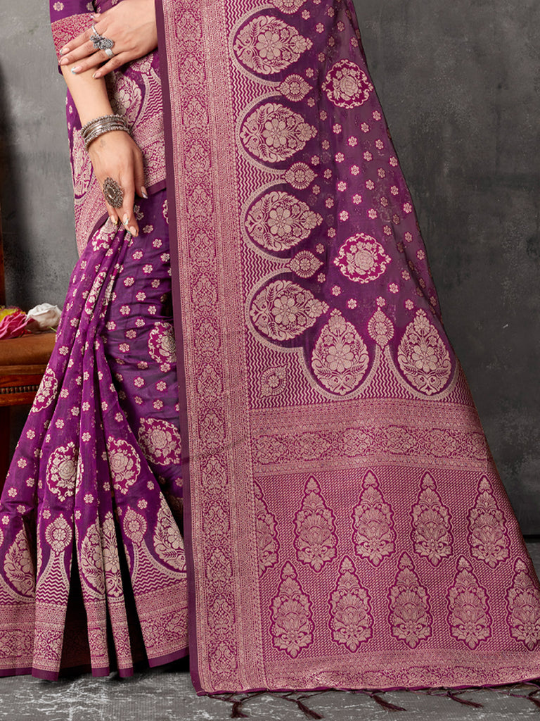 Women's Purple Cotton Woven Zari Work Traditional Tassle Saree