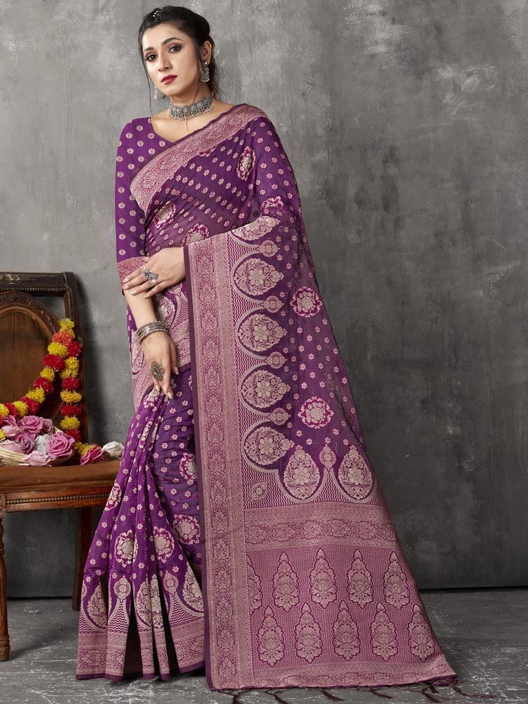 Women's Purple Cotton Woven Zari Work Traditional Tassle Saree
