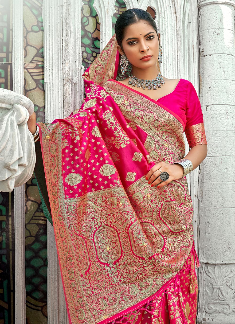 Women's Dark Pink Banarasi Silk Siroski Stone Work Traditional Tassle Saree - Sangam Prints