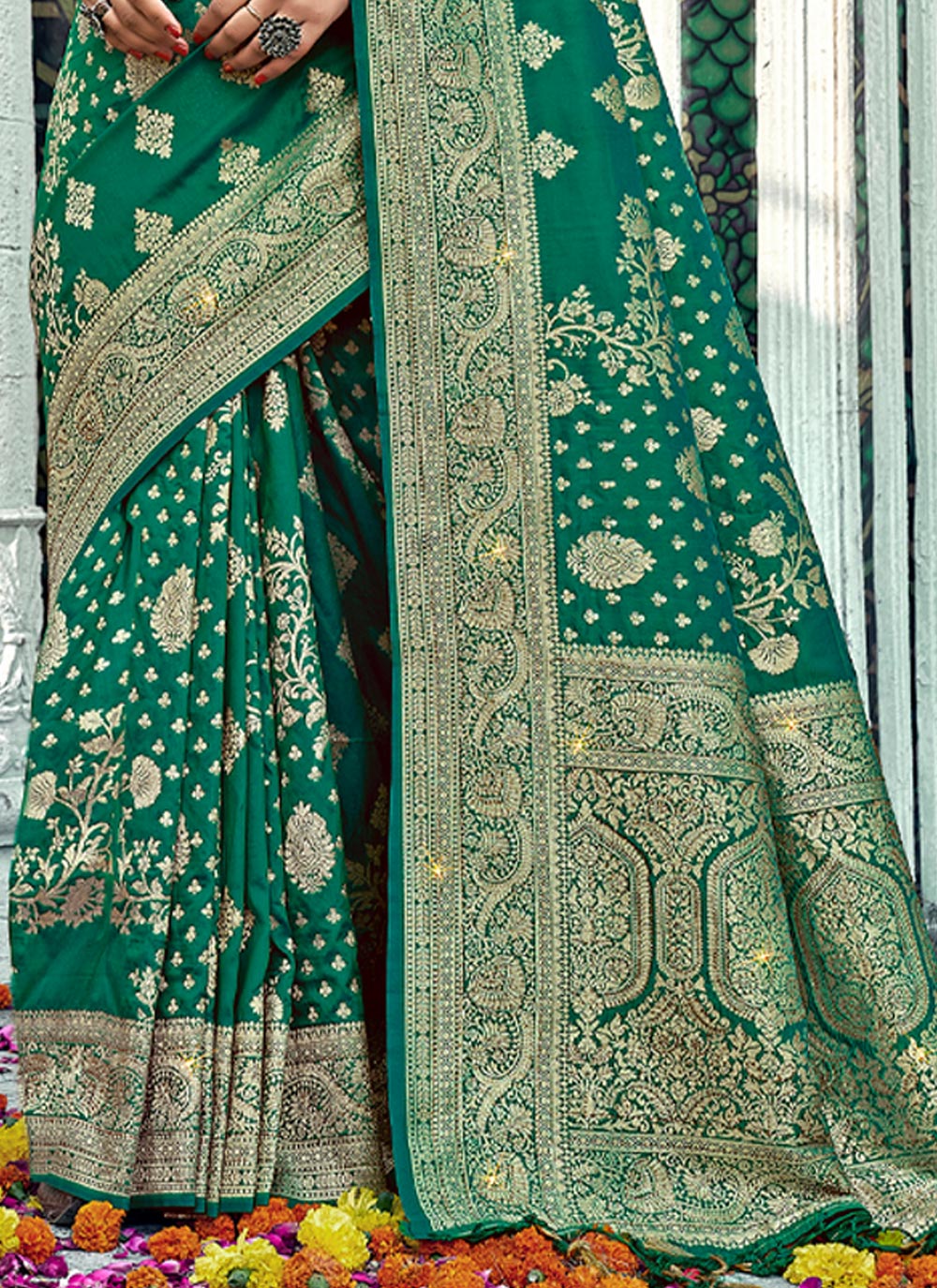 Women's Green Banarasi Silk Siroski Stone Work Traditional Tassle Saree - Sangam Prints