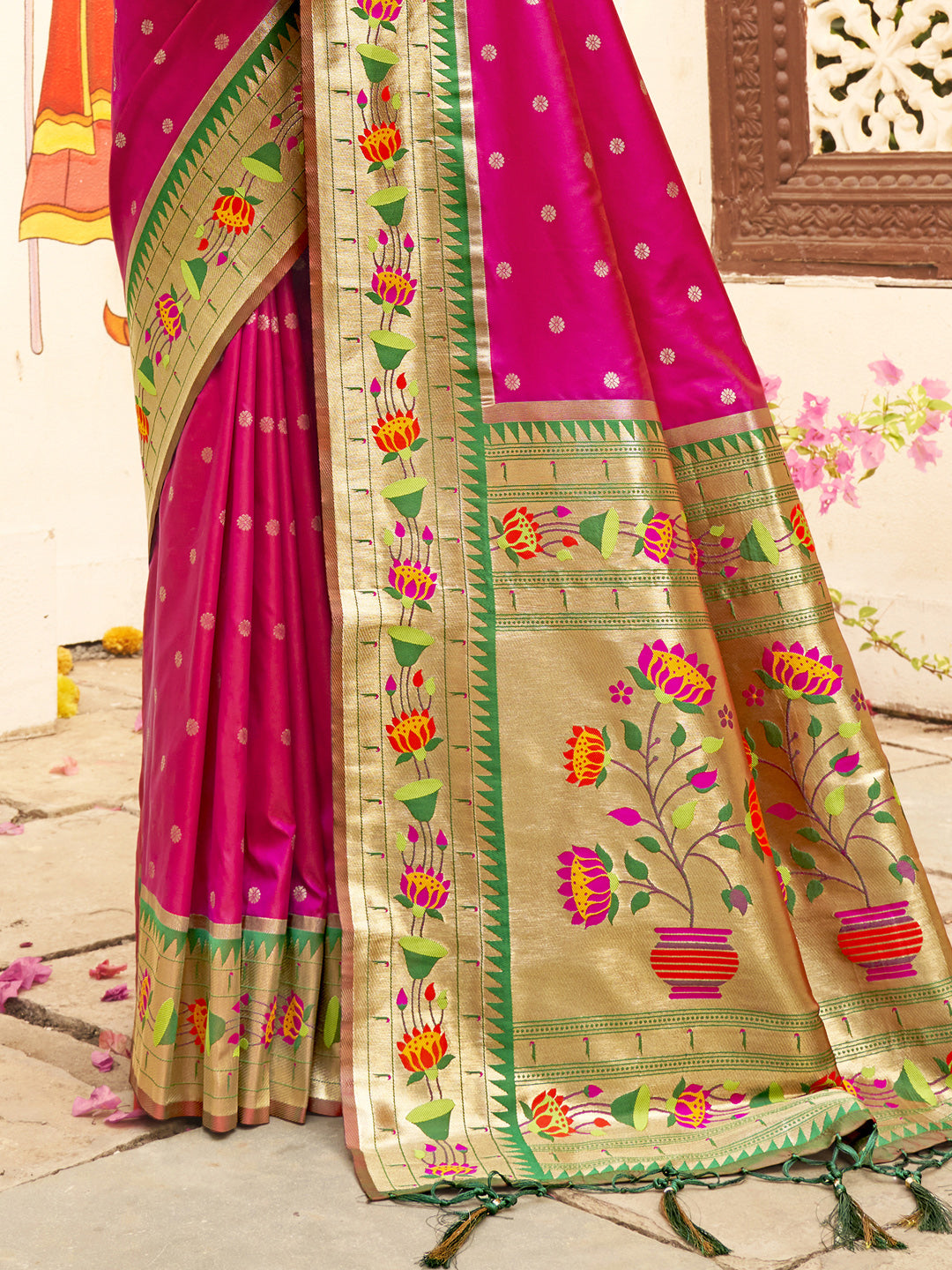 Women's Magenta Paithani Silk Woven Work Traditional Tassle Saree - Sangam Prints