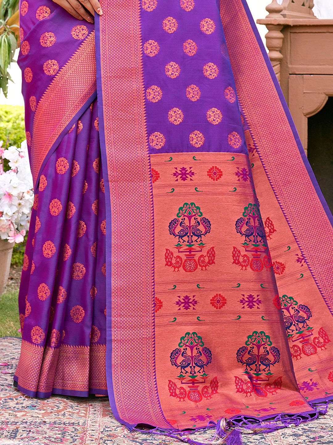 Women's Violet BANARASI SILK Woven Zari Work Traditional Tassle Saree - Sangam Prints