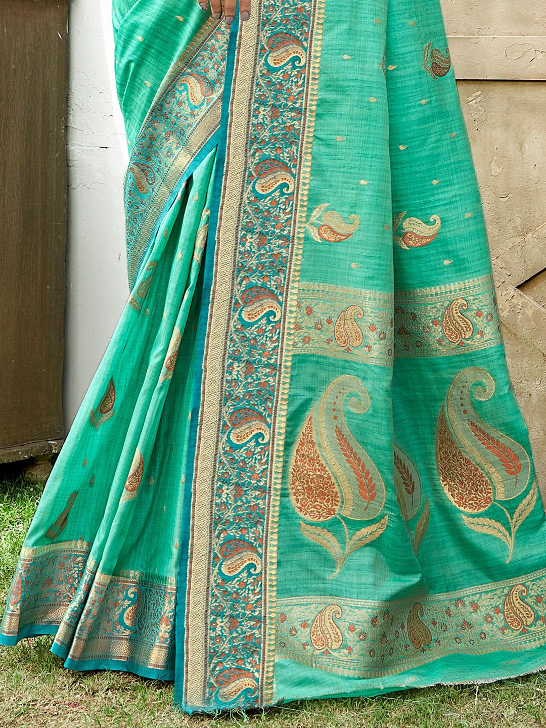 Women's Sea Green Silk Woven Zari Work Traditional Saree - Sangam Prints