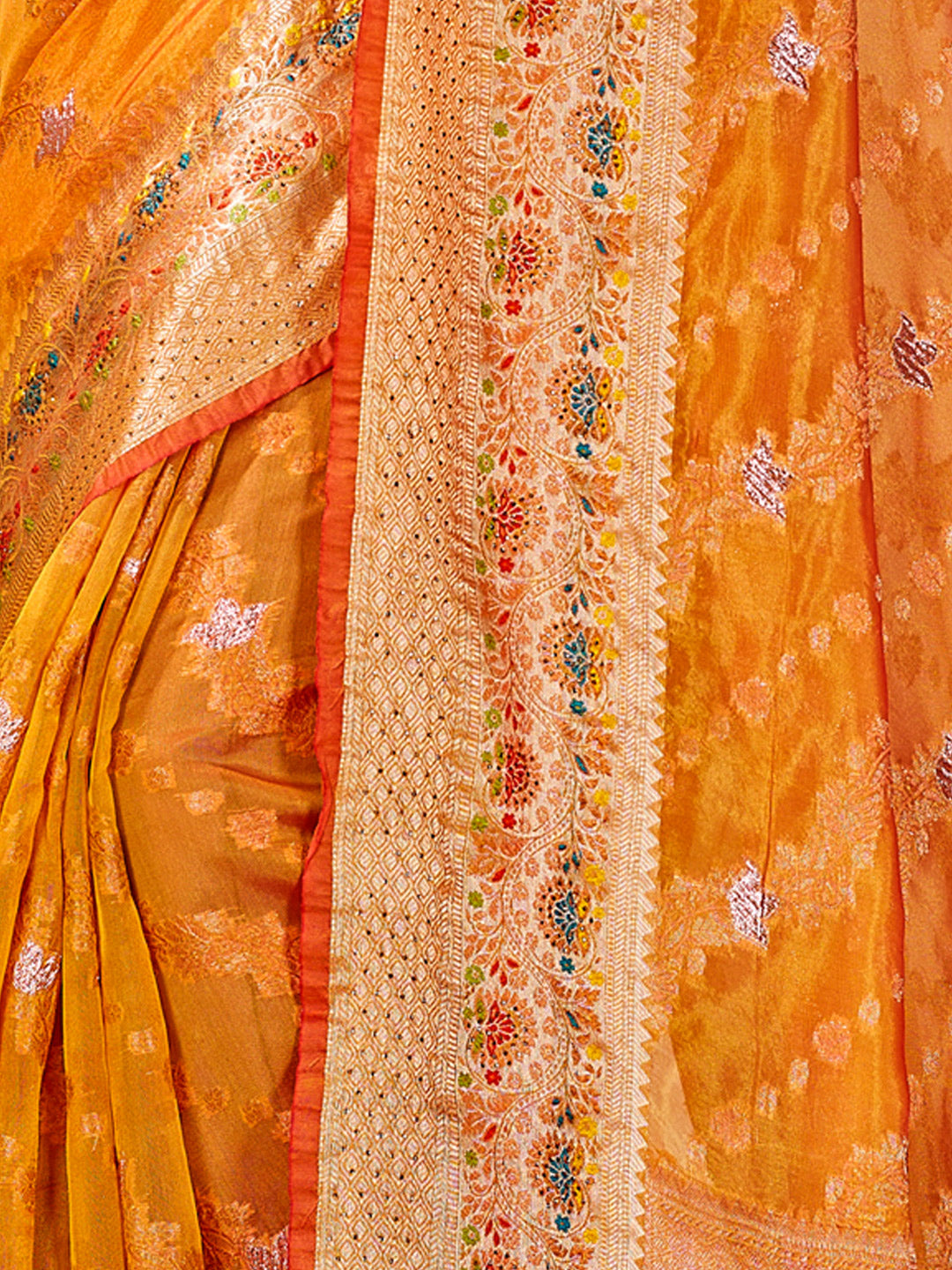 Women's Yellow ORGANZA Siroski Stone Work Traditional Tassle Saree - Sangam Prints