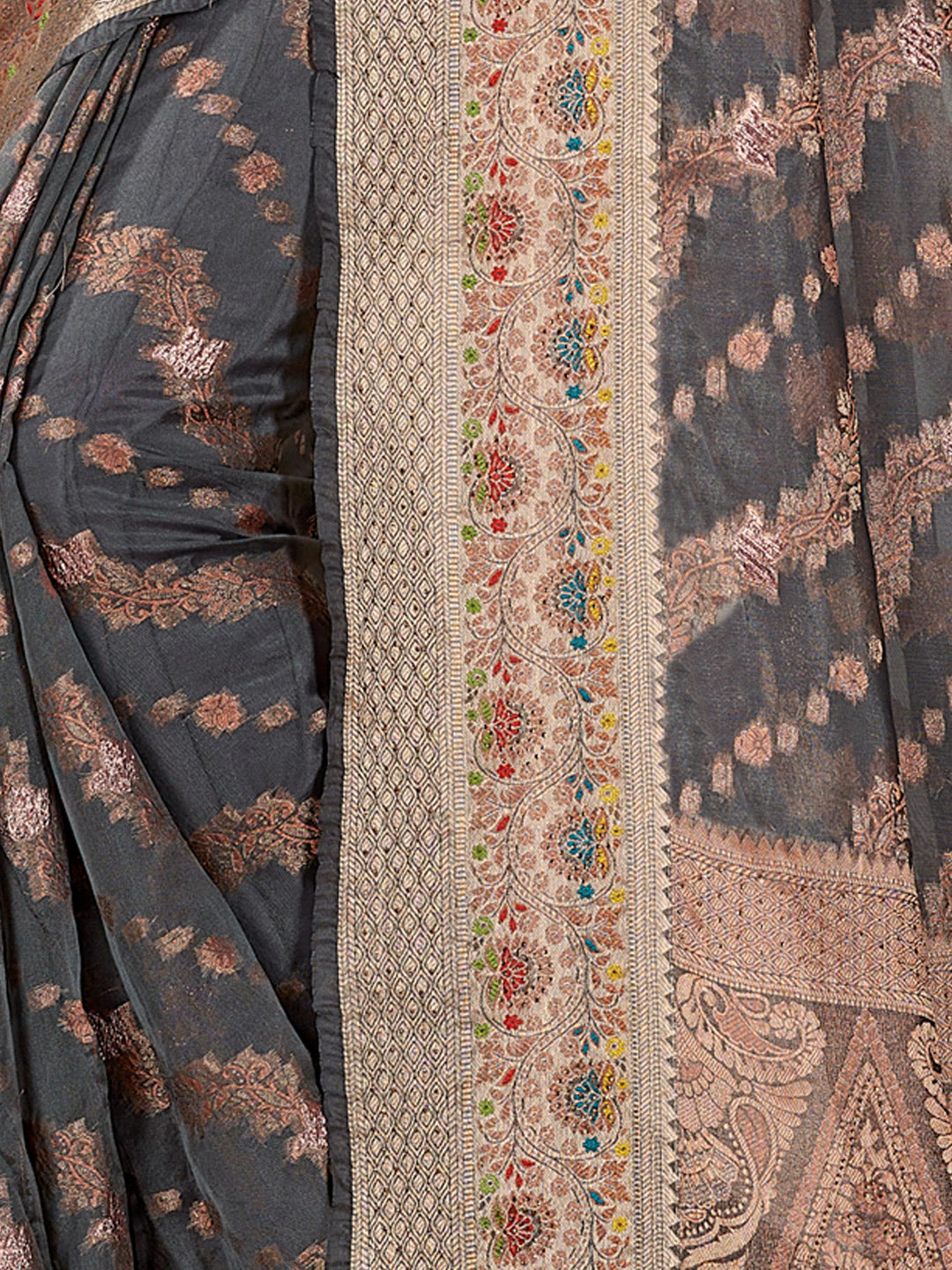 Women's Grey ORGANZA Siroski Stone Work Traditional Tassle Saree - Sangam Prints