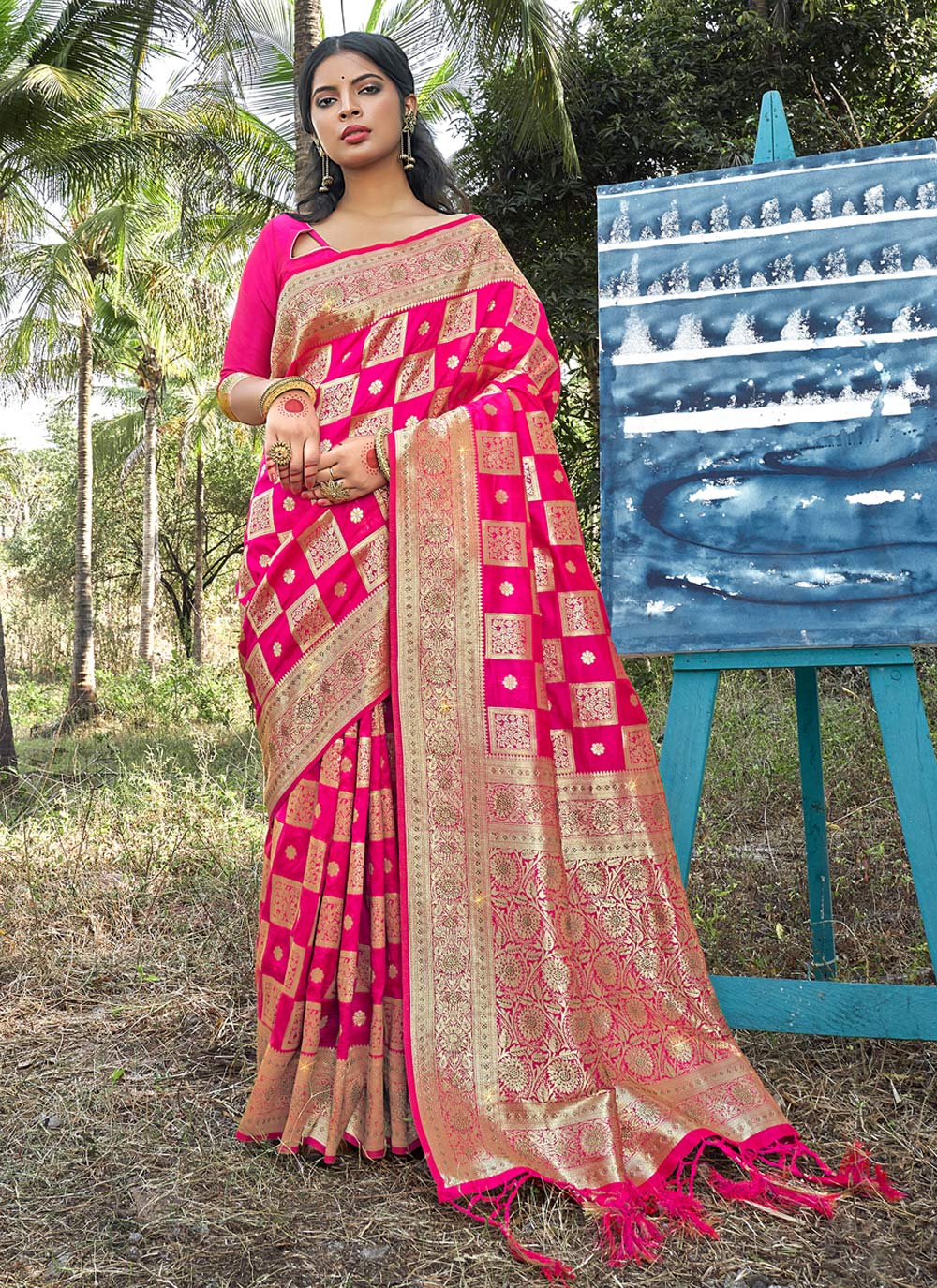 Women's Dark Pink Banarasi Silk Siroski Stone Work Traditional Tassle Saree - Sangam Prints