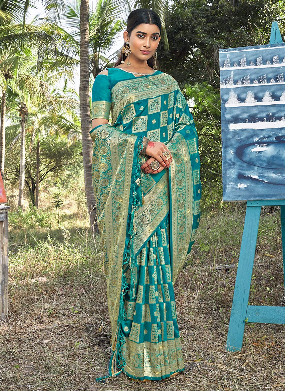 Women's Sea Green Banarasi Silk Siroski Stone Work Traditional Tassle Saree - Sangam Prints