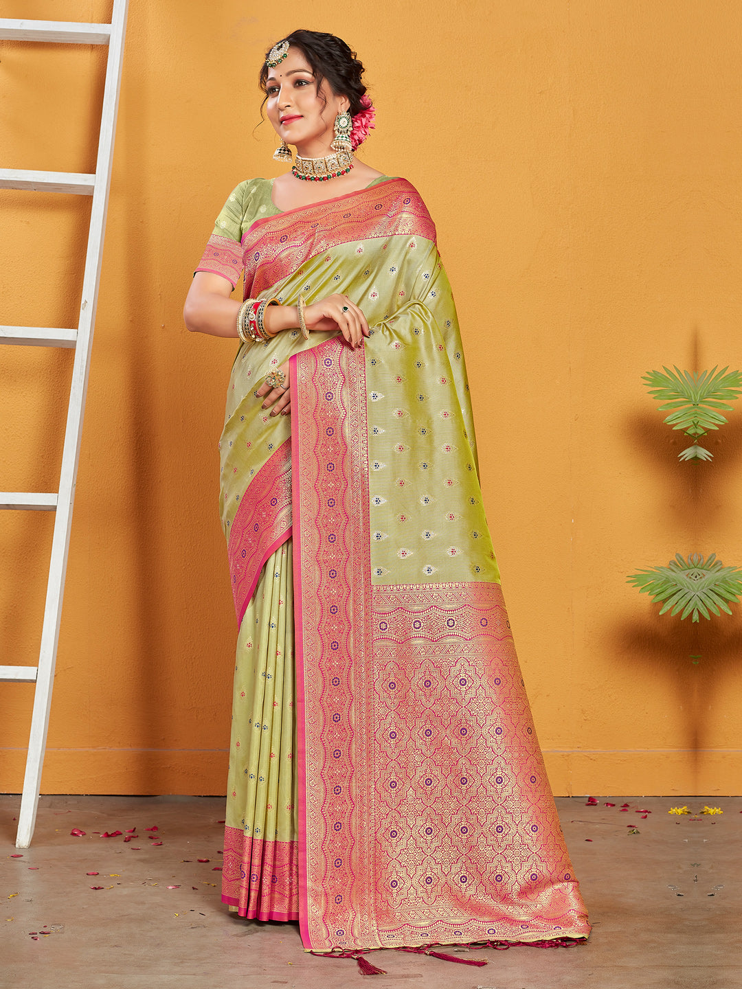Women's Peach Banarasi Silk Woven Work Traditional Tassle Saree - Sangam Prints