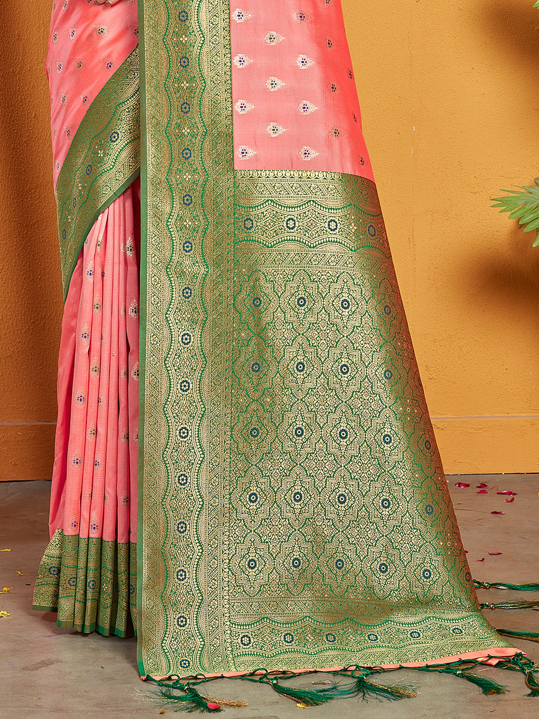 Women's Pink Banarasi Silk Woven Work Traditional Tassle Saree - Sangam Prints