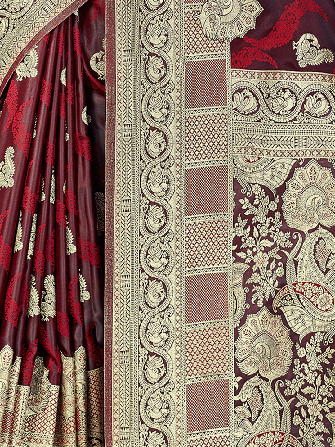 Women's Maroon SILK Woven Zari Work Traditional Tassle Saree - Sangam Prints