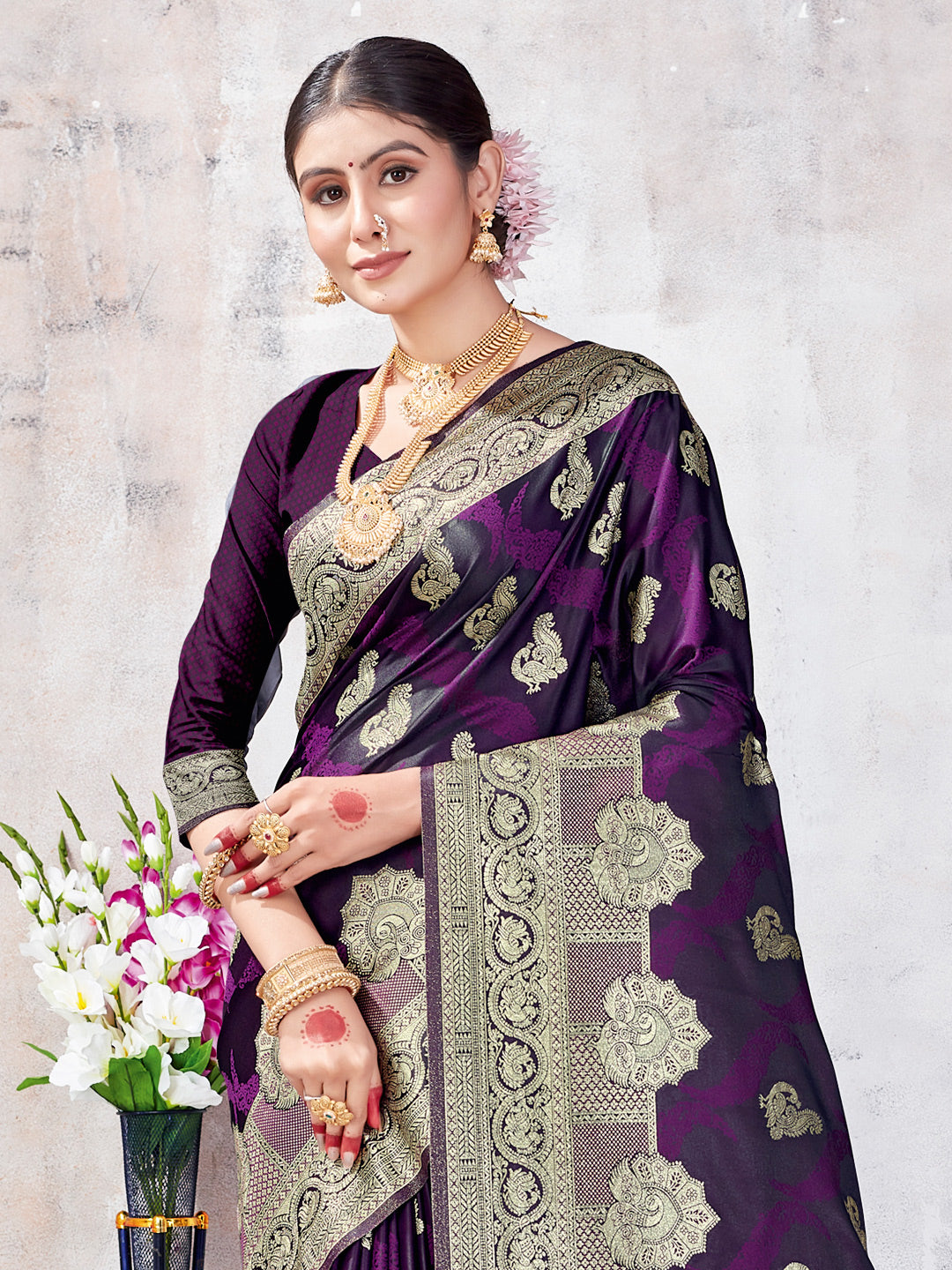 Women's Purple SILK Woven Zari Work Traditional Tassle Saree - Sangam Prints