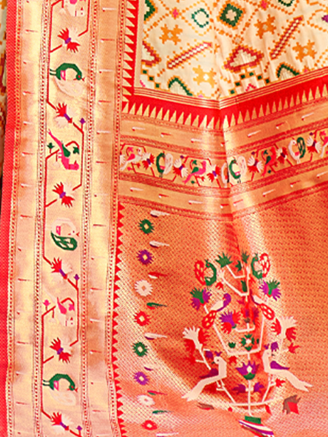 Women's Cream Patola Silk Woven Work Traditional Tassle Saree - Sangam Prints