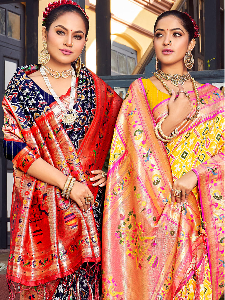 Women's Navy Blue Patola Silk Woven Work Traditional Tassle Saree
