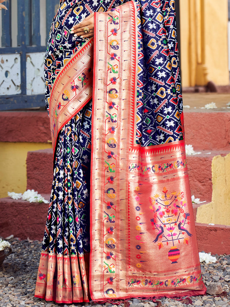 Women's Navy Blue Patola Silk Woven Work Traditional Tassle Saree