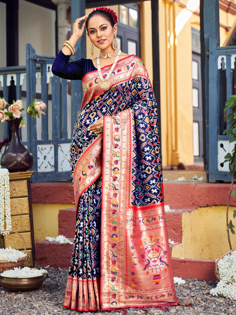 Women's Navy Blue Patola Silk Woven Work Traditional Tassle Saree