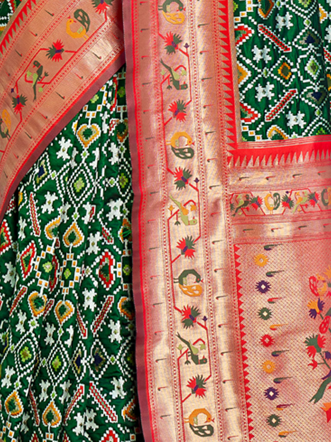 Women's Dark Green Patola Silk Woven Work Traditional Tassle Saree - Sangam Prints