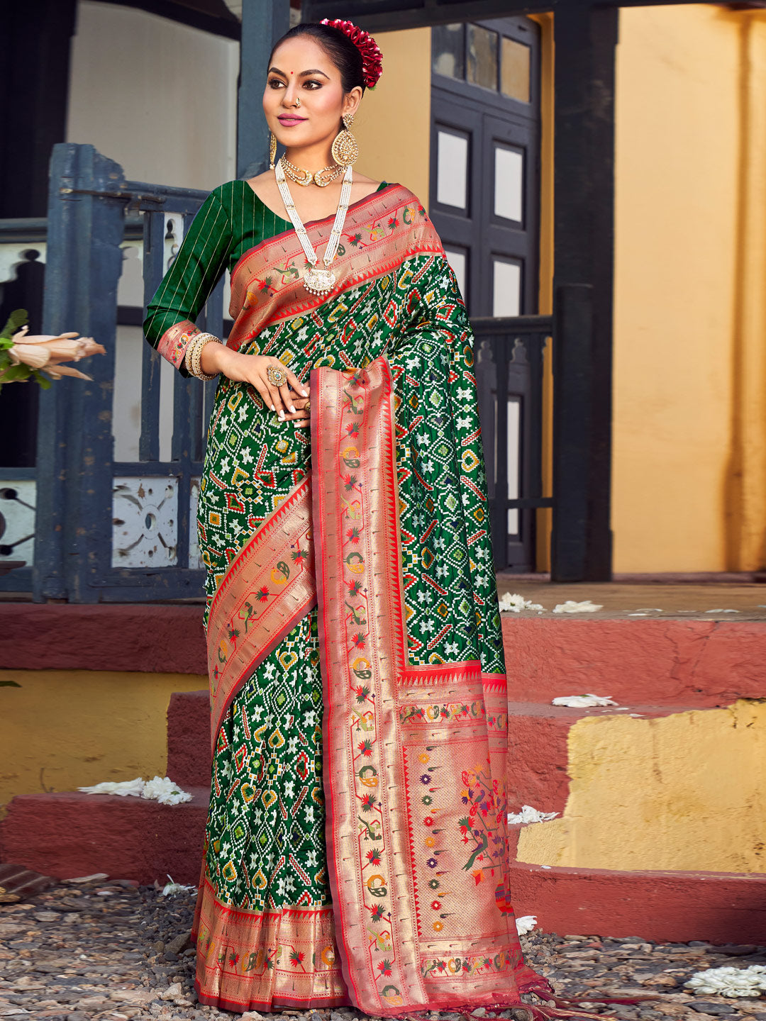 Women's Dark Green Patola Silk Woven Work Traditional Tassle Saree - Sangam Prints