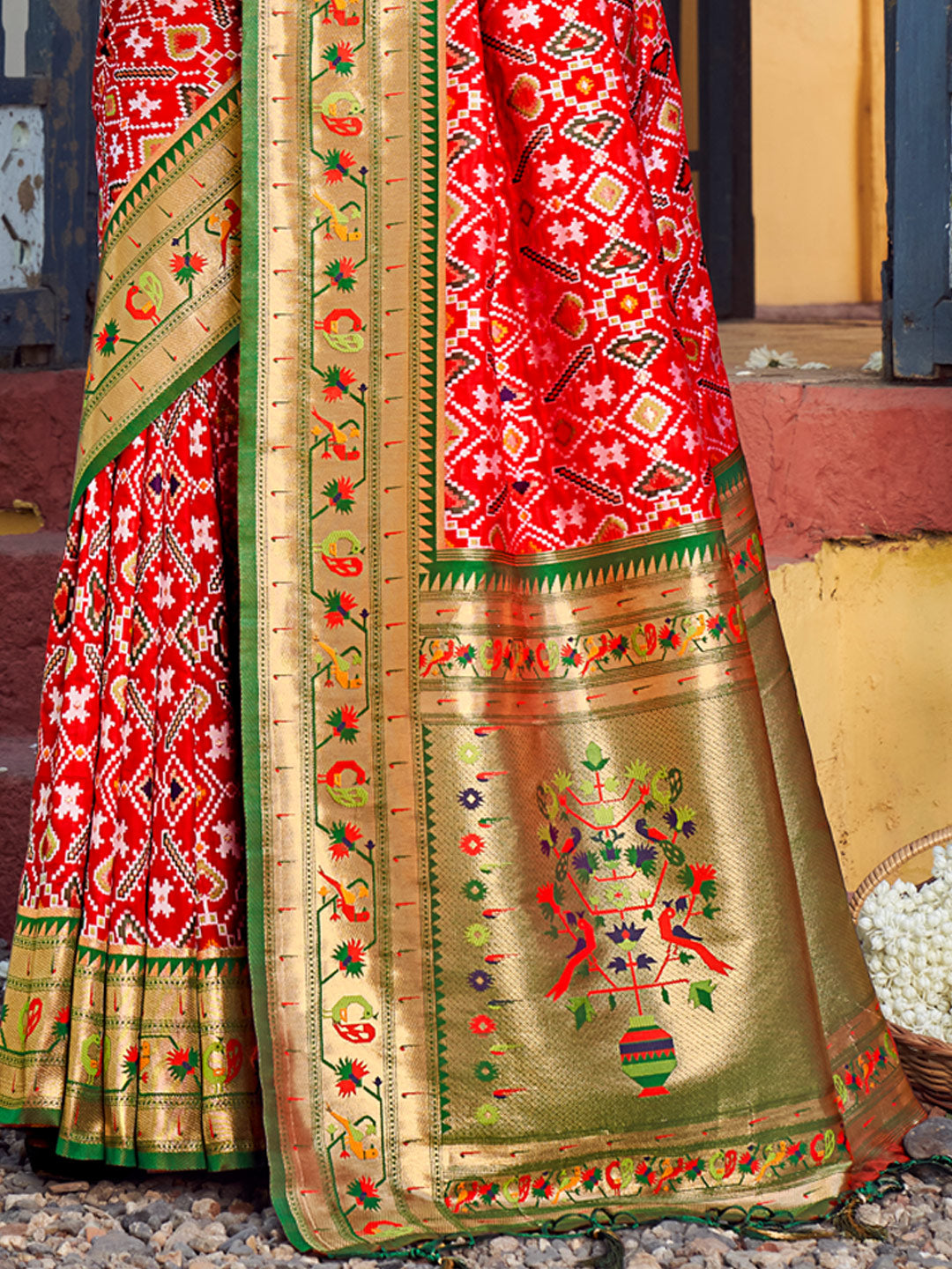 Women's Red Patola Silk Woven Work Traditional Tassle Saree - Sangam Prints