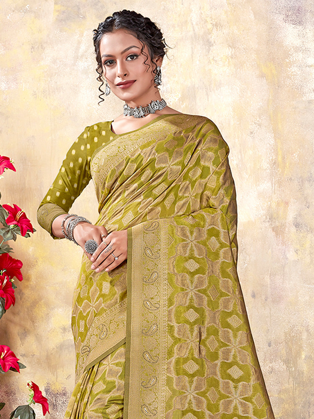 Women's Light Green ORGANZA Woven Zari Work Traditional Tassle Saree - Sangam Prints