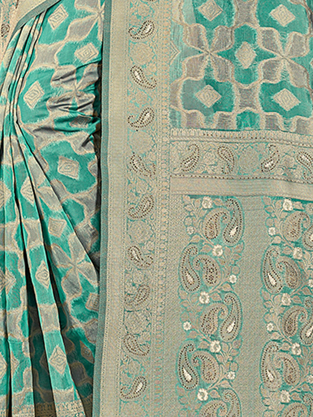 Women's Sea Green ORGANZA Woven Zari Work Traditional Tassle Saree - Sangam Prints