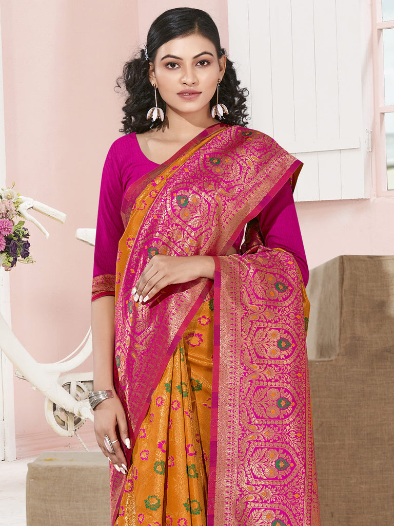 Women's Yellow KanJivaram Silk Woven Work Traditional Tassle Saree