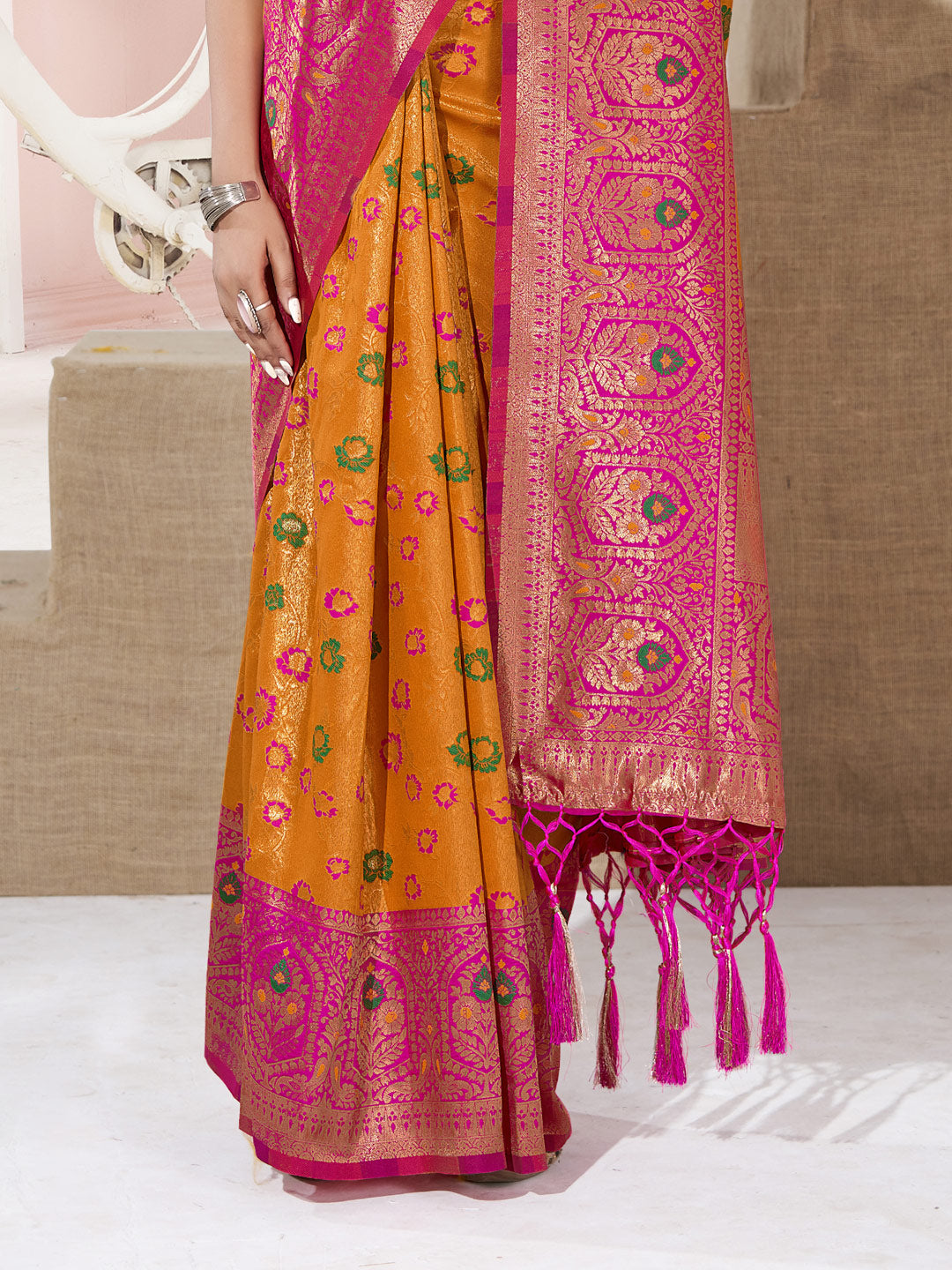 Women's Yellow KanJivaram Silk Woven Work Traditional Tassle Saree - Sangam Prints