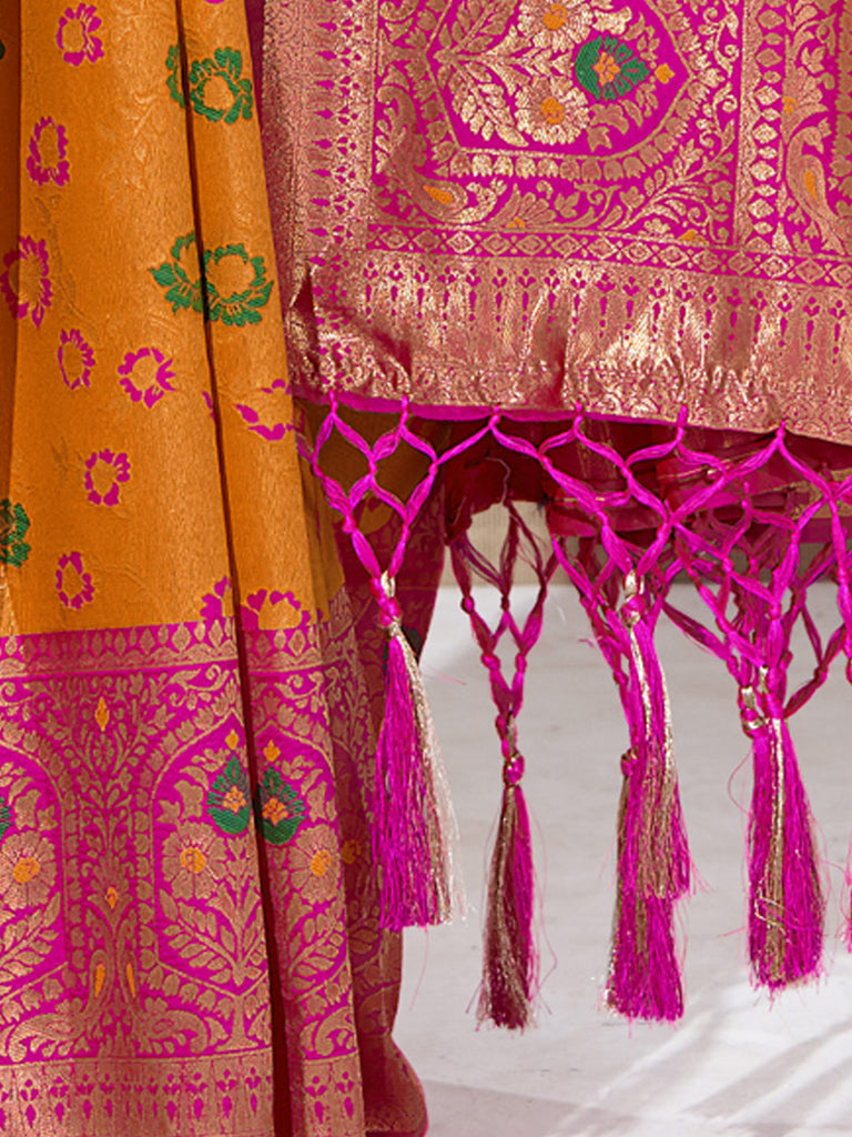 Women's Yellow KanJivaram Silk Woven Work Traditional Tassle Saree