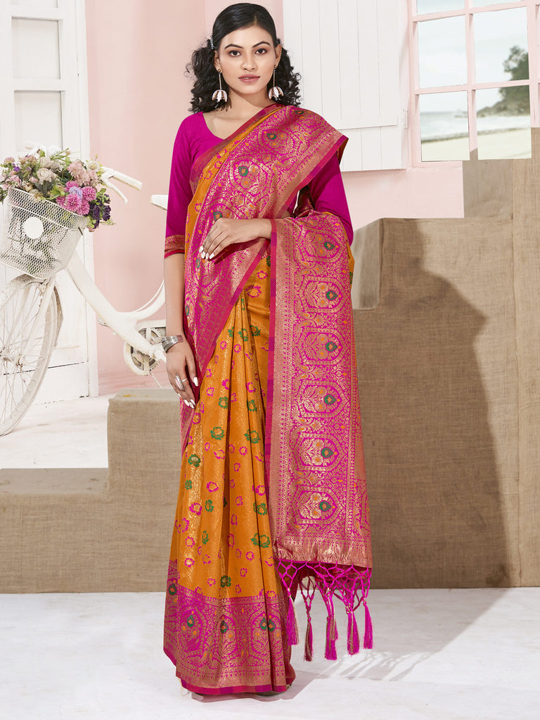 Women's Yellow KanJivaram Silk Woven Work Traditional Tassle Saree