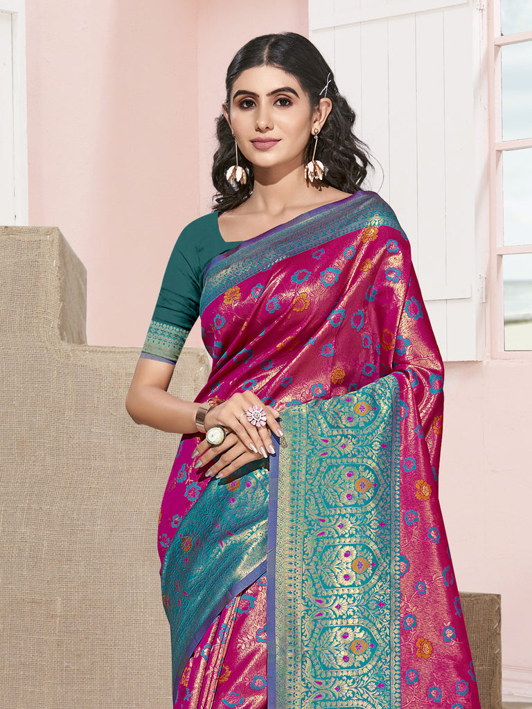 Women's Pink KanJivaram Silk Woven Work Traditional Tassle Saree