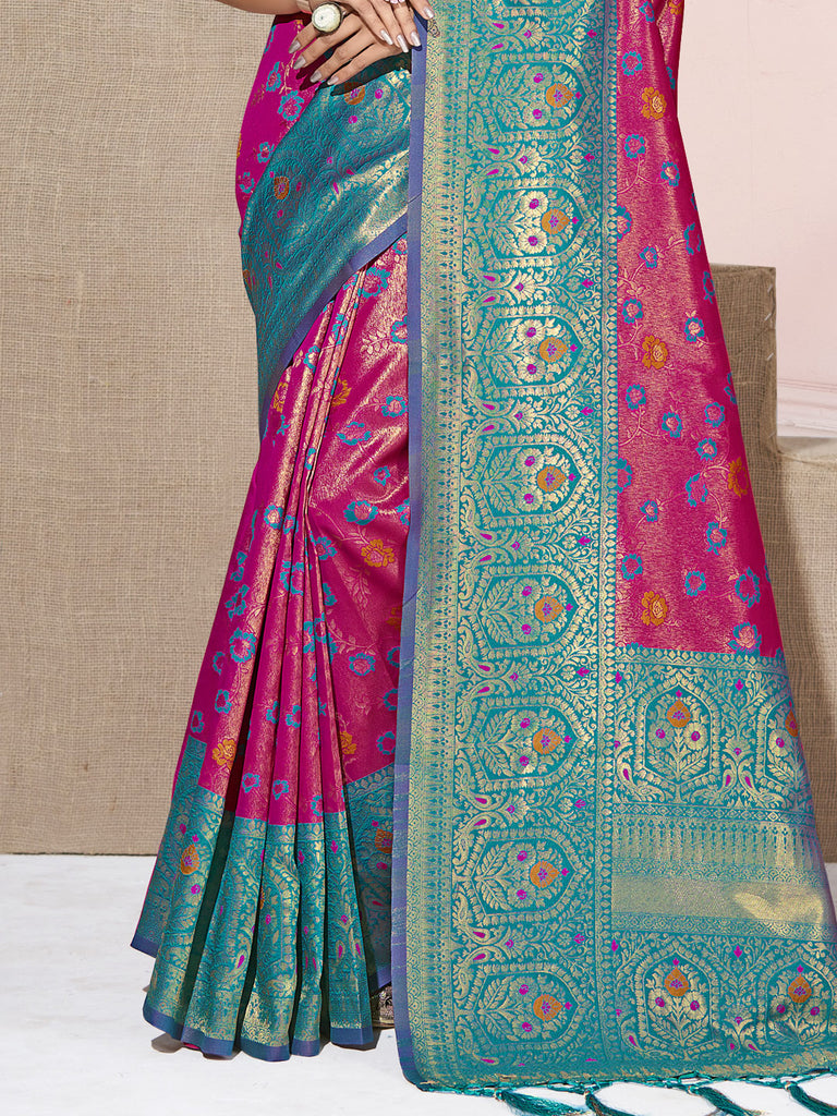 Women's Pink KanJivaram Silk Woven Work Traditional Tassle Saree