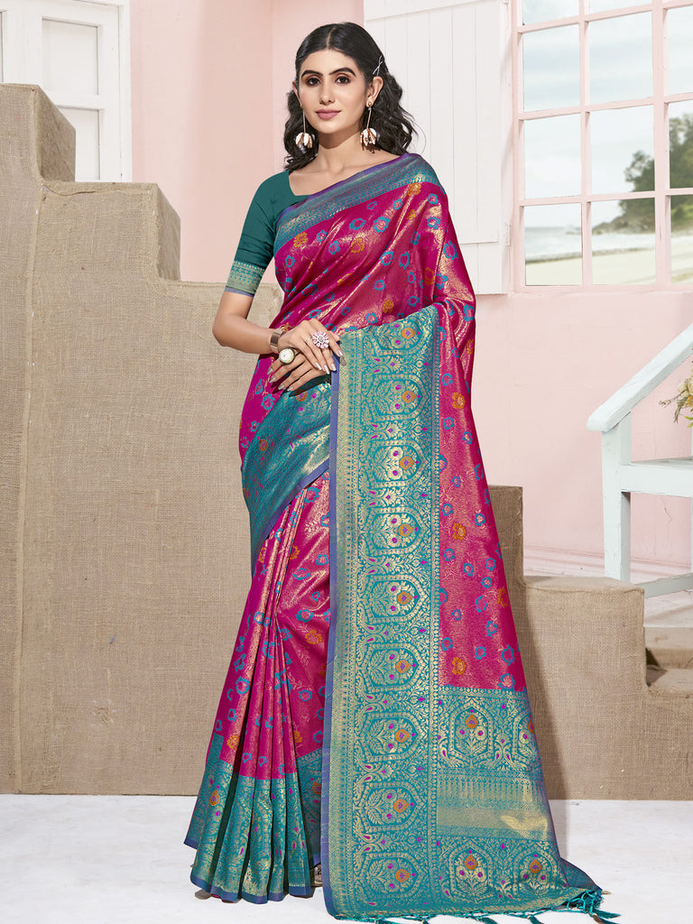 Women's Pink KanJivaram Silk Woven Work Traditional Tassle Saree