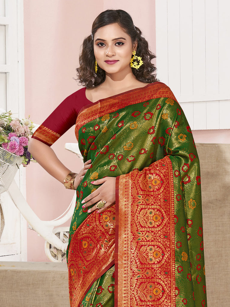 Women's Green KanJivaram Silk Woven Work Traditional Tassle Saree