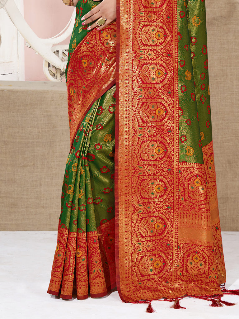 Women's Green KanJivaram Silk Woven Work Traditional Tassle Saree