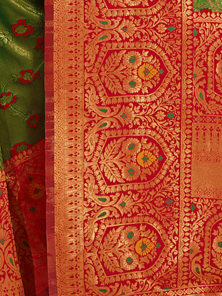 Women's Green KanJivaram Silk Woven Work Traditional Tassle Saree