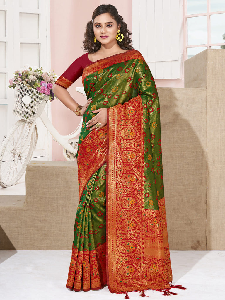 Women's Green KanJivaram Silk Woven Work Traditional Tassle Saree