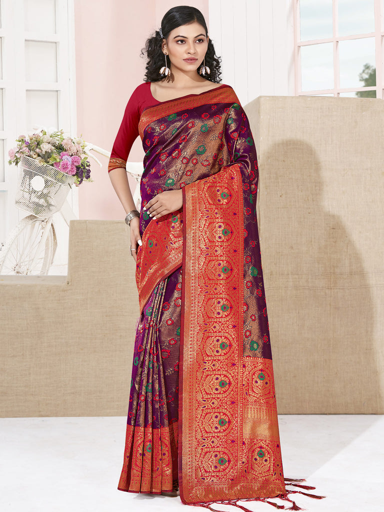 Women's Purple KanJivaram Silk Woven Work Traditional Tassle Saree